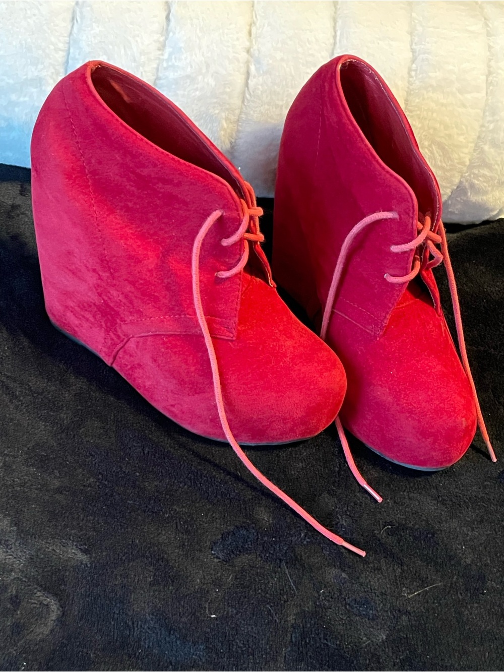 Women's Red Suede Wedge Lace-Up Ankle Booties